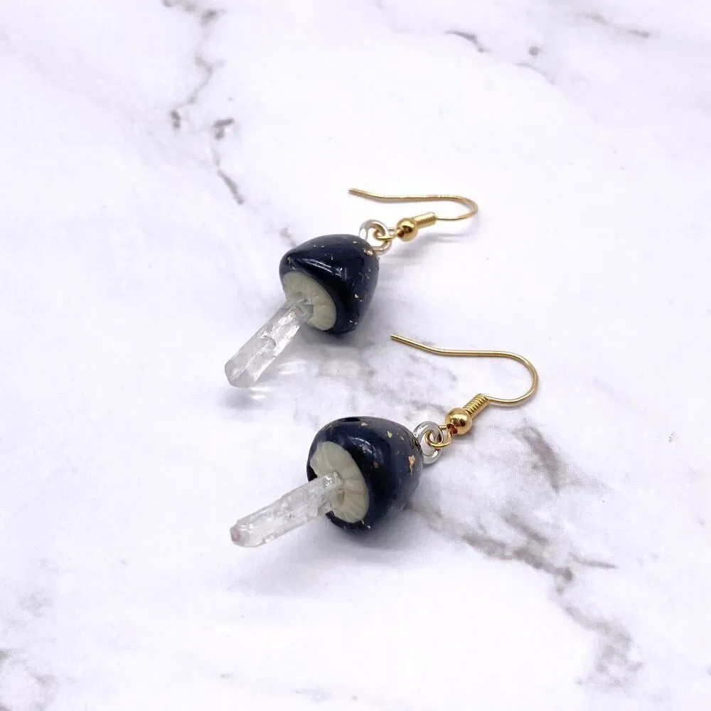 Black Mushroom Quartz Crystal Dangle wire hook polymer Clay Earrings